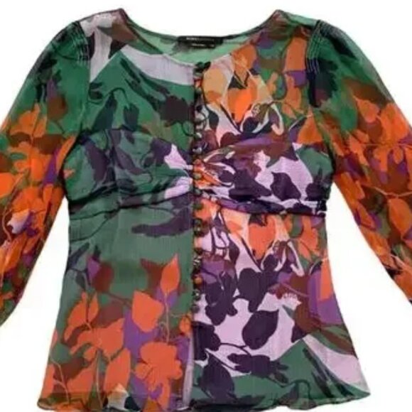 BCBGmaxazria Floral Print SILK Peasant Blouse Women’s Size L Large Chiffon - Picture 1 of 11